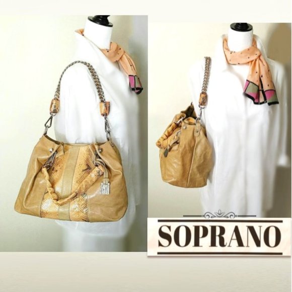 SOPRANO Tan Taupe Orange Soft Leather Satchel Purse Braided Chain Shoulder Bag - Picture 2 of 11